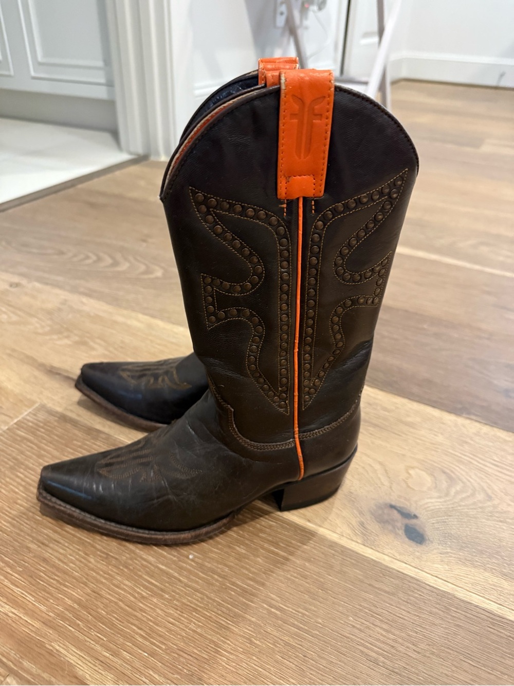 Frye Dark Brown Leather Western Boots with Orange Pull Tabs